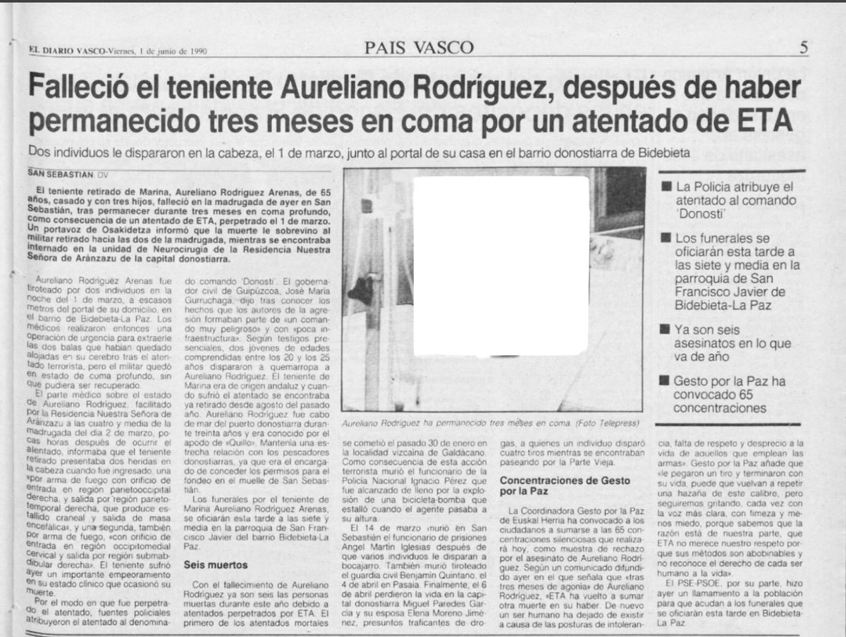MemorialVT's tweet photo. 01/03/1990. San Sebastián. Se cumplen 36 años del atentado de ETA-m contra el teniente de navío retirado de la @Armada_esp AURELIANO RODRÍGUEZ ARENAS. Le dispararon dos etarras cerca de su domicilio. Quedó en coma y murió en un hospital el 31 de mayo. #TenemosMemoriayRelato https://t.co/YPFzJN6zh1