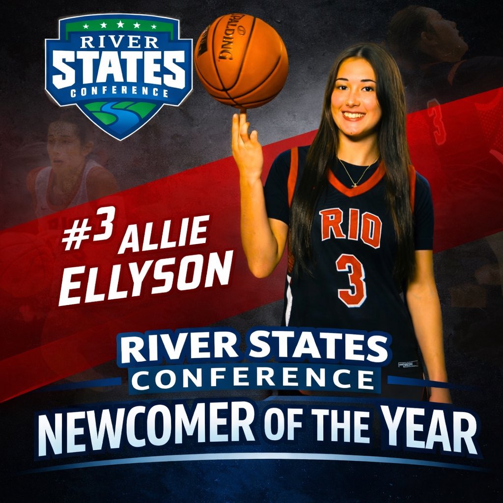 GilmerAthletics's tweet photo. 2025 GCHS grad @Allie_9706 hasn’t missed a beat in her transition to the college game. Ellyson has been named First Team All River States Conference, and Freshman of the year in the last two days after finishing second on the team for 28-1 Rio Grande in scoring. Amazing! https://t.co/leFVT9uTpe
