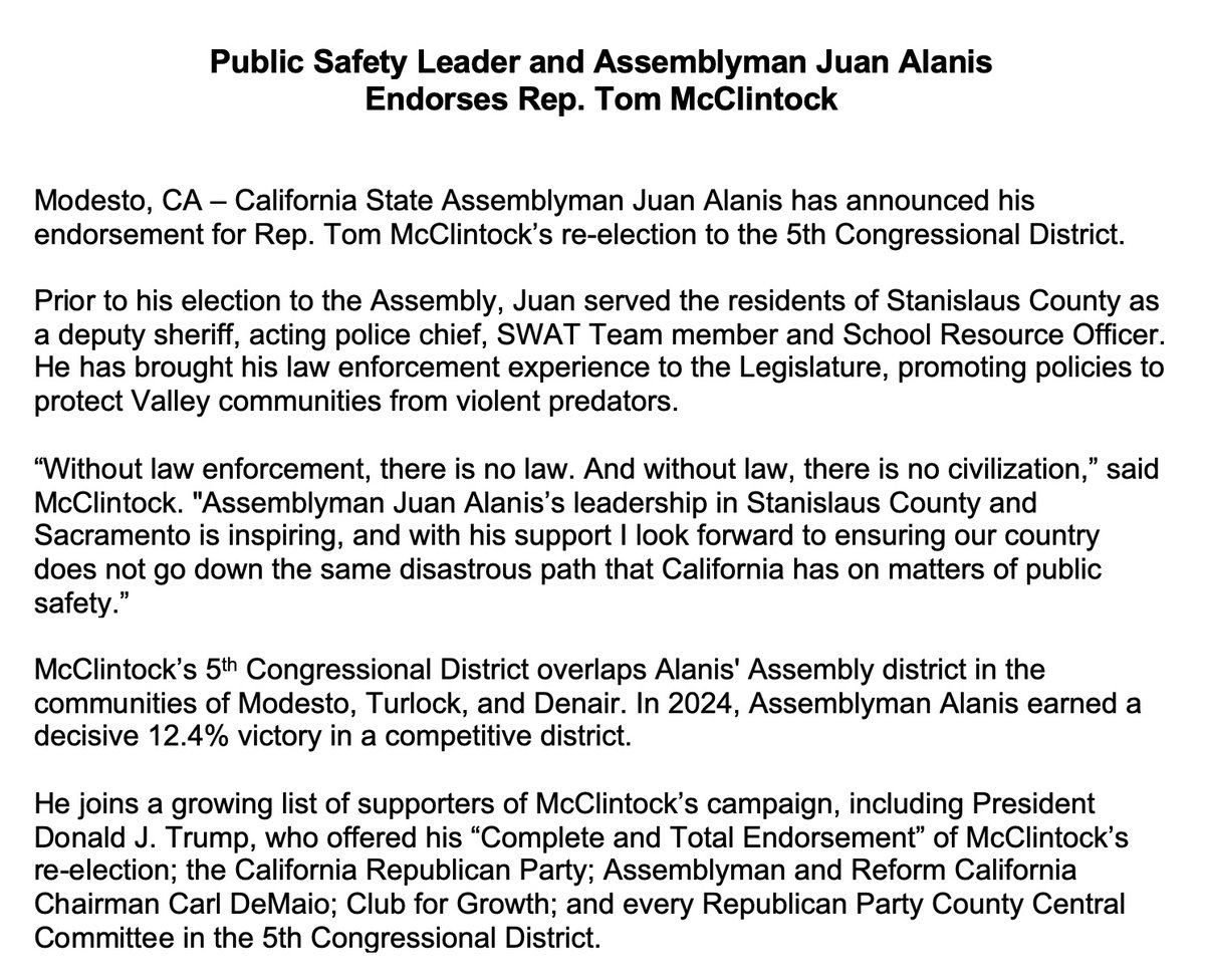 tommcclintock's tweet photo. Honored to have the endorsement from Assemblyman Juan Alanis. Juan's leadership in Stanislaus County and Sacramento is inspiring, and with his support I look forward to ensuring our country does not go down the same disastrous path that California has on matters of public safety. https://t.co/tLPMoCMilB
