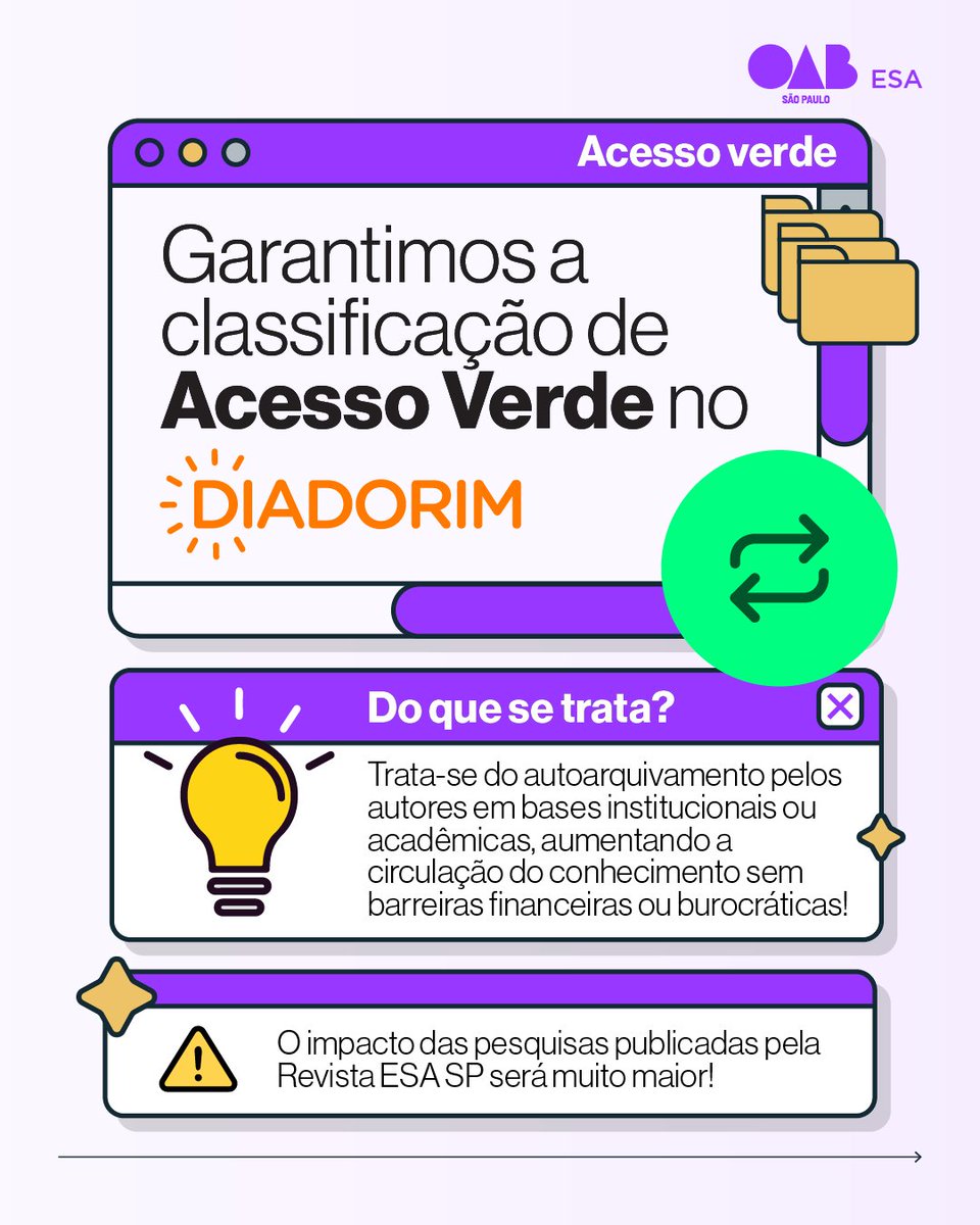 🚨Novidade Revista ESA SP: agora contamos com classificação Acesso Verde no Diadorim ✅

Isso significa que autores podem realizar o autoarquivamento de seus artigos em repositórios institucionais e acadêmicos! 

👉Saiba mais: diadorim.ibict.br/vufind/Record/…