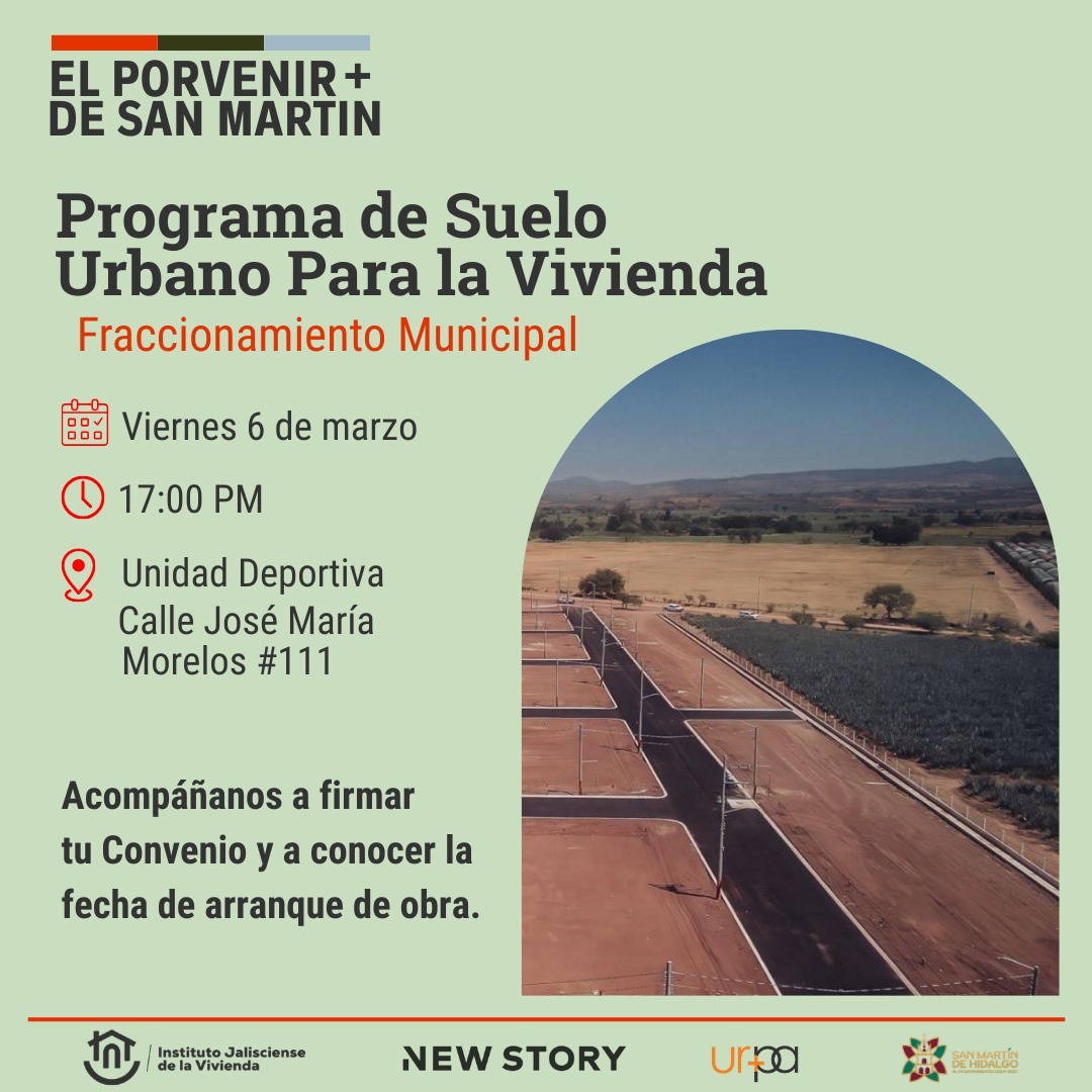 MemoMedranoB's tweet photo. Seguimos impulsando el desarrollo para que las familias de San Martín de Hidalgo tengan acceso a una vivienda adecuada.
Este viernes 6 de marzo se firmarán los convenios de los beneficiarios del Programa de Suelo Urbano para la Vivienda. https://t.co/hruK4CC7oP