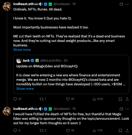 davidonchainx's tweet photo. This is actually hilarious

> Magic Eden announces shutdown
> Pays influencers to comment on the shutdown
> All post say the same thing about "cutting the losers and focusing on the winners"

I think I know why they had to shut down

They're spending too much money on KOLs lmao https://t.co/u0pMm1iNDw