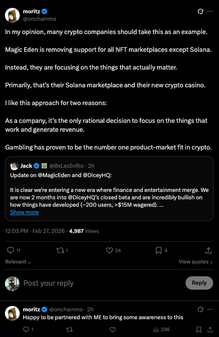 davidonchainx's tweet photo. This is actually hilarious

> Magic Eden announces shutdown
> Pays influencers to comment on the shutdown
> All post say the same thing about "cutting the losers and focusing on the winners"

I think I know why they had to shut down

They're spending too much money on KOLs lmao https://t.co/u0pMm1iNDw