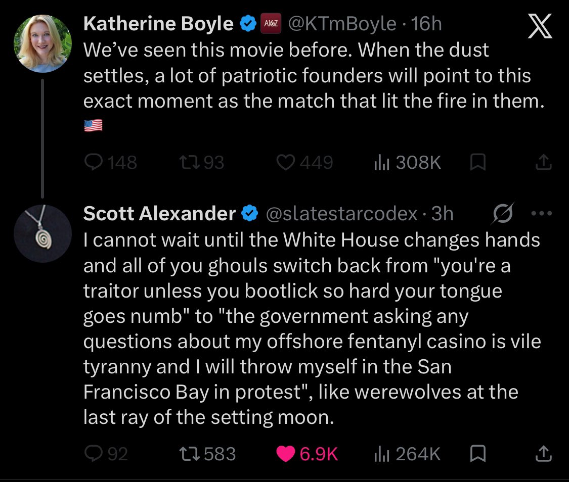 Scott Alexander is right. The tech right is evil. It slithered into a seemingly patriotic skinsuit, opportunistically wrapped itself in the American flag, but it is a fundamentally anti-American, anti-civilizational force that will do anything to grub its way toward power.