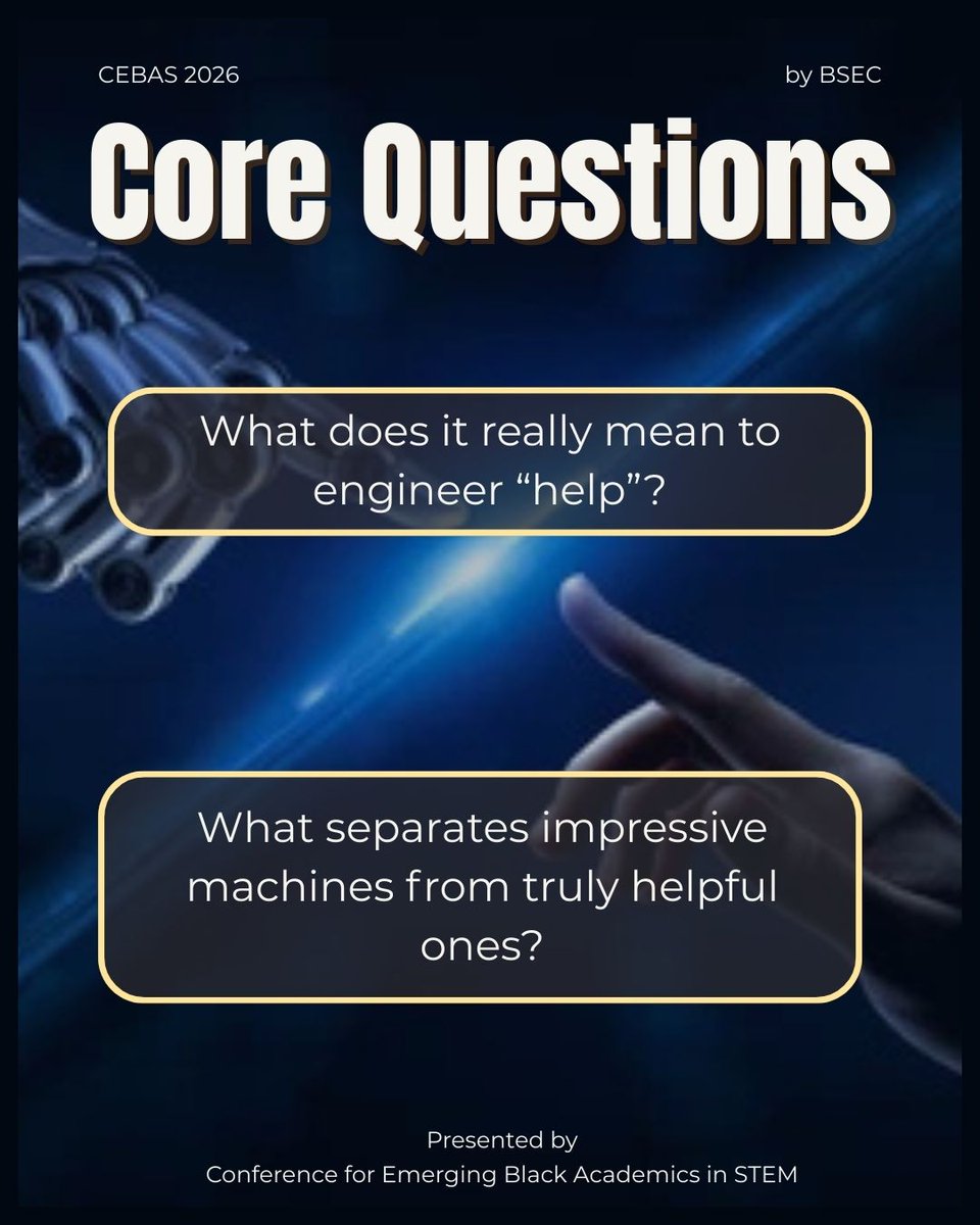 CEBASOfficial_'s tweet image. Why Help Is Hard to Engineer.
In this talk, Stanford Professor Dr. Monroe Kennedy III connects technical ambition with human responsibility, asking what it really means for technology to be useful — and for a field to be inclusive.

#BlackInSTEM #BlackMeninSTEM #BlackWomeninSTEM