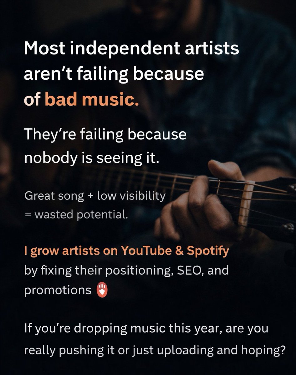 hisharddy1's tweet image. Artists:
Before you release your next song, ask yourself this —
Do people know it exists?
Marketing Is The Key Not Hoping It Goes Viral 
DM “GROWTH” if you want a free audit of your release plan.
#MusicPromotion #IndieArtist #YouTubeGrowth #SpotifyPromotion