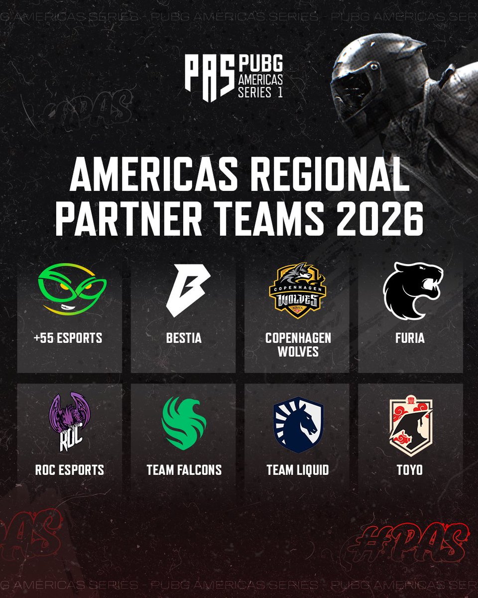 PUBGEsports's tweet photo. The road to 2026 starts now.

Meet the official Regional Partner Teams for the Americas 🔥

Who’s taking over the season?

See the full lineup:
👉 https://t.co/wZekJvIQhJ

#PUBG #PUBGEsports https://t.co/MkAemJ4suI