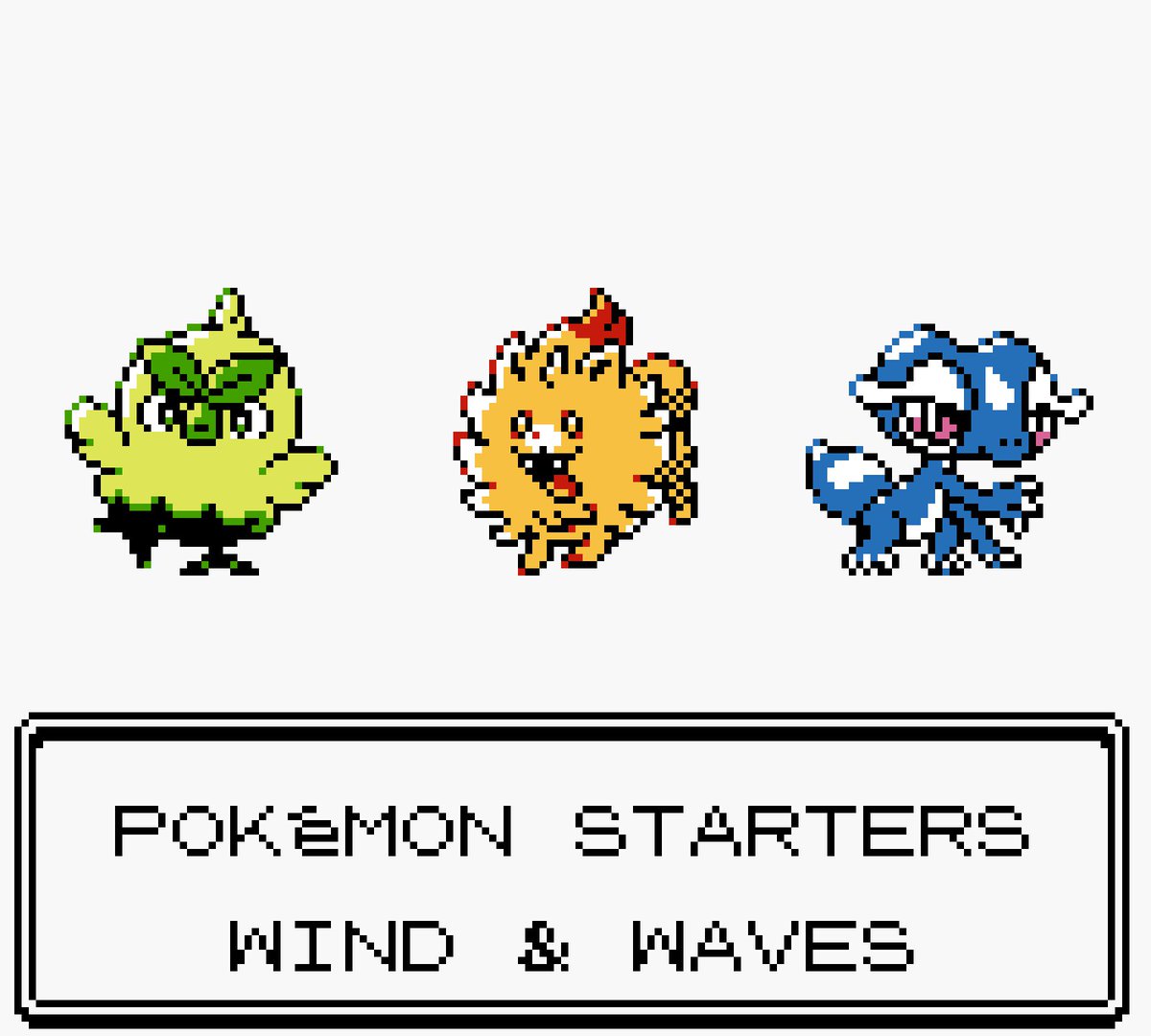 Growt - Pombon - Gecqua

Pokémon Generation 10 Wind &amp; Waves Starters in Pókemon Gen 2 style sprites