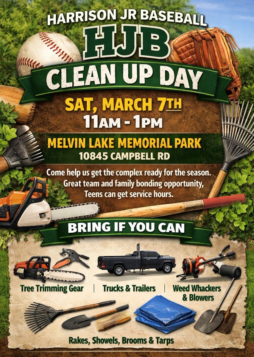 ⚾️ Please if anyone that can bring truck and trailer for hauling L screens, garbage cans, branches, sticks leaves.
⚾️ Please bring chainsaws with extension poles, tarps, rakes.
⚾️ Coaches your team equipment bags will be given out AFTER cleanup.
