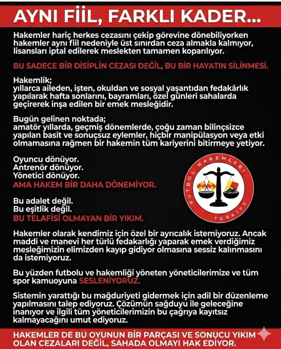 mastercoderxy's tweet photo. @FutbolHakemleri @sametsenogluu Talebimiz net: MHK'daki "otomatik ve mutlak lisans iptali" kuralı değişmeli. Her dosya kendi koşulları içinde, hakkaniyetle değerlendirilmeli. Süreli disiplin cezası, meslekten süresiz men sonucunu doğurmamalıdır!
@bpthaber 
@aykiri 
@pusholder 
@onedio https://t.co/qnGWe2TzMo