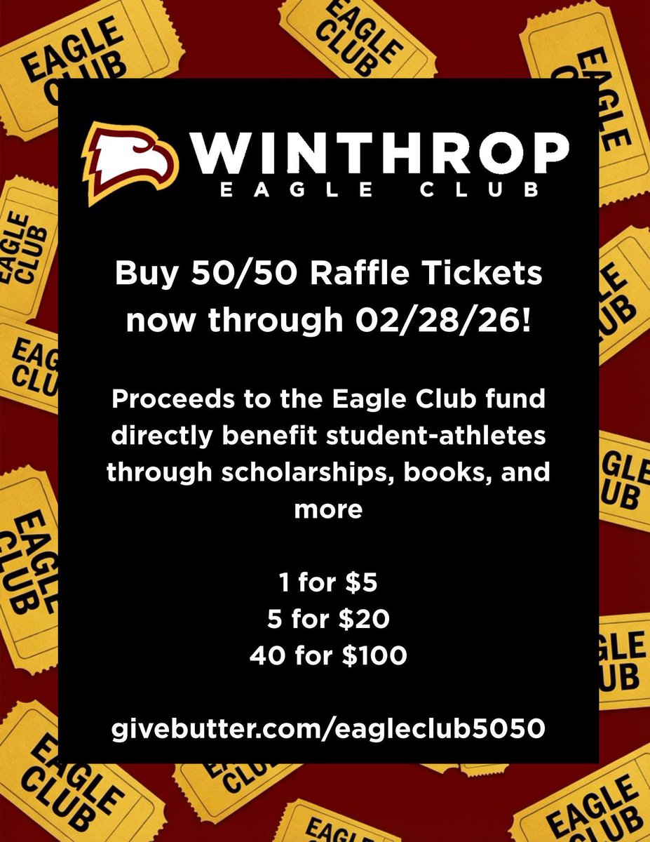 Friends - Please consider buying  50/50 raffle tickets to support <a href="/WUEagles/">Winthrop Athletics</a> student athletes! 1 ticket will be drawn on 3/2 and will take home 50% of the money. 💰 🦅 

🎟️: Giverbutter.com/eagleclub5050