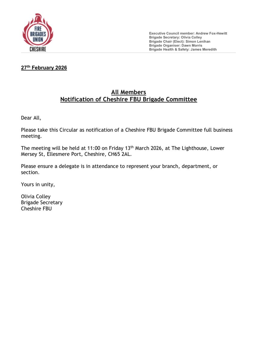 CheshireFBU's tweet photo. All Members Circular:
A Brigade Committee meeting has been scheduled for Friday 13th March 2026 at 11:00 and is being held at the Regional Office, The Lighthouse, Lower Mersey Street Ellesmere Port.
Please ensure your branch is represented at this meeting https://t.co/3hwnkNeRnC
