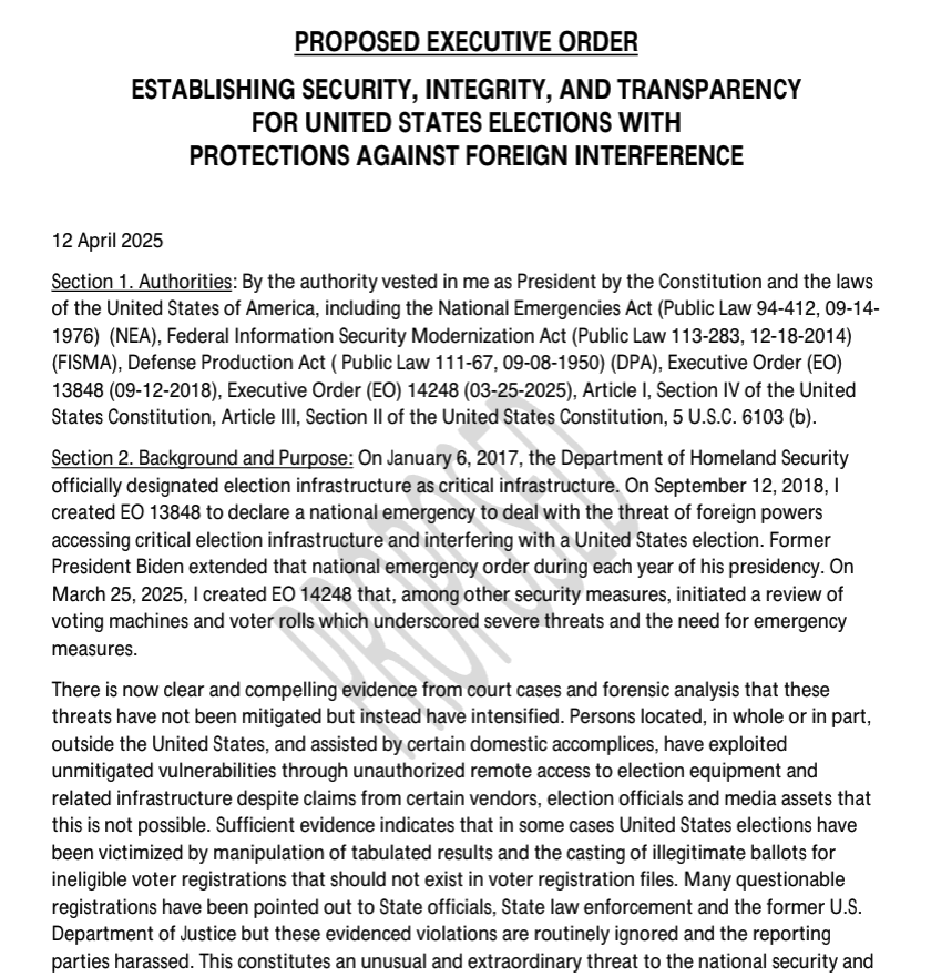🚨 EXCLUSIVE: Democracy Docket has obtained a draft of the executive order being circulated with the White House that would allow Trump to take unprecedented control over voting.

Legal experts called the order blatantly unconstitutional. Read the full, 17-page order below👇