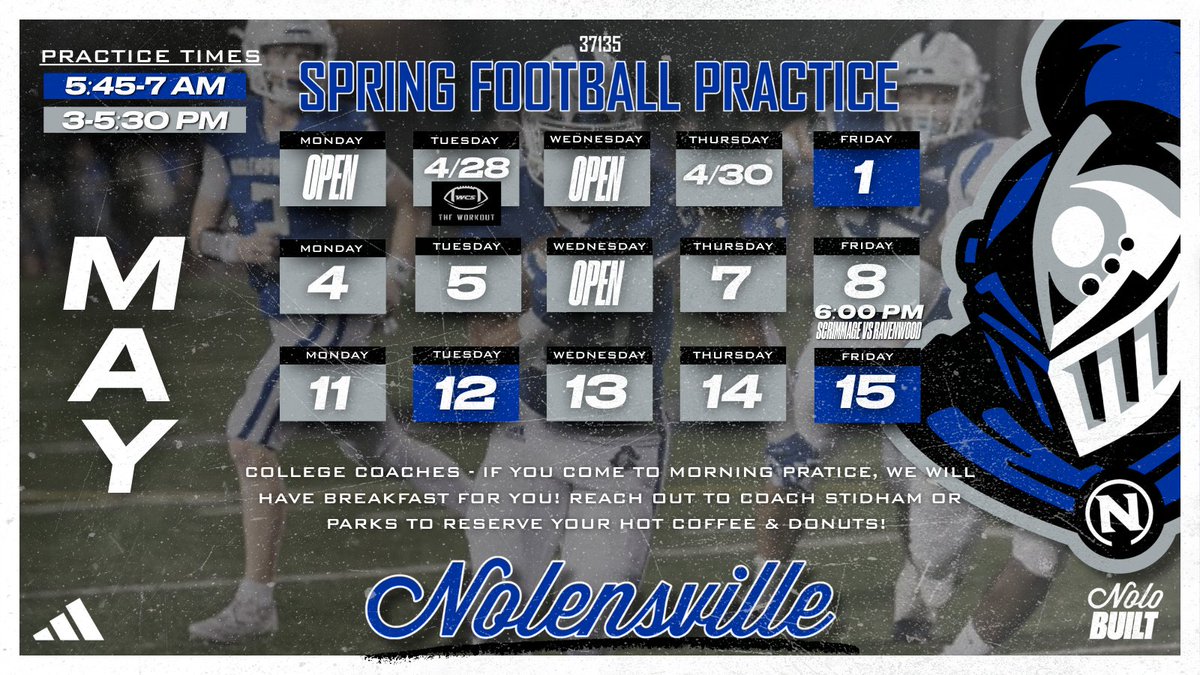 wcsNHSFootball's tweet photo. College coaches! If you want to attend morning practice, DM us and we will make sure to have you breakfast prepped on-site!

SPRING FOOTBALL IS ALMOST HERE!! TWO WEEKS OUT! 

#KnightMode #BuiltByGrit https://t.co/2WfGoM1VHD