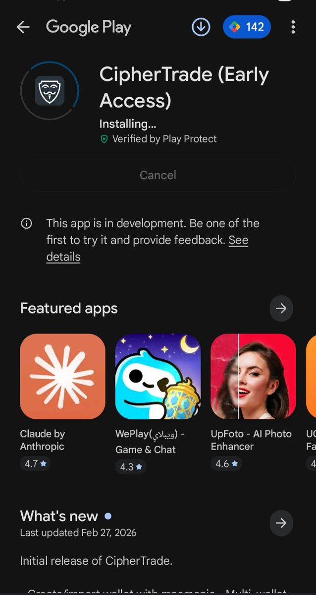 1/ CipherTrade on $COTI v2 is coming to Android on @googleplay store.

Currently on the required closed 14 day Beta test stage.

Will need testers, so feel free to dm me your google play email so i can whitelist you.