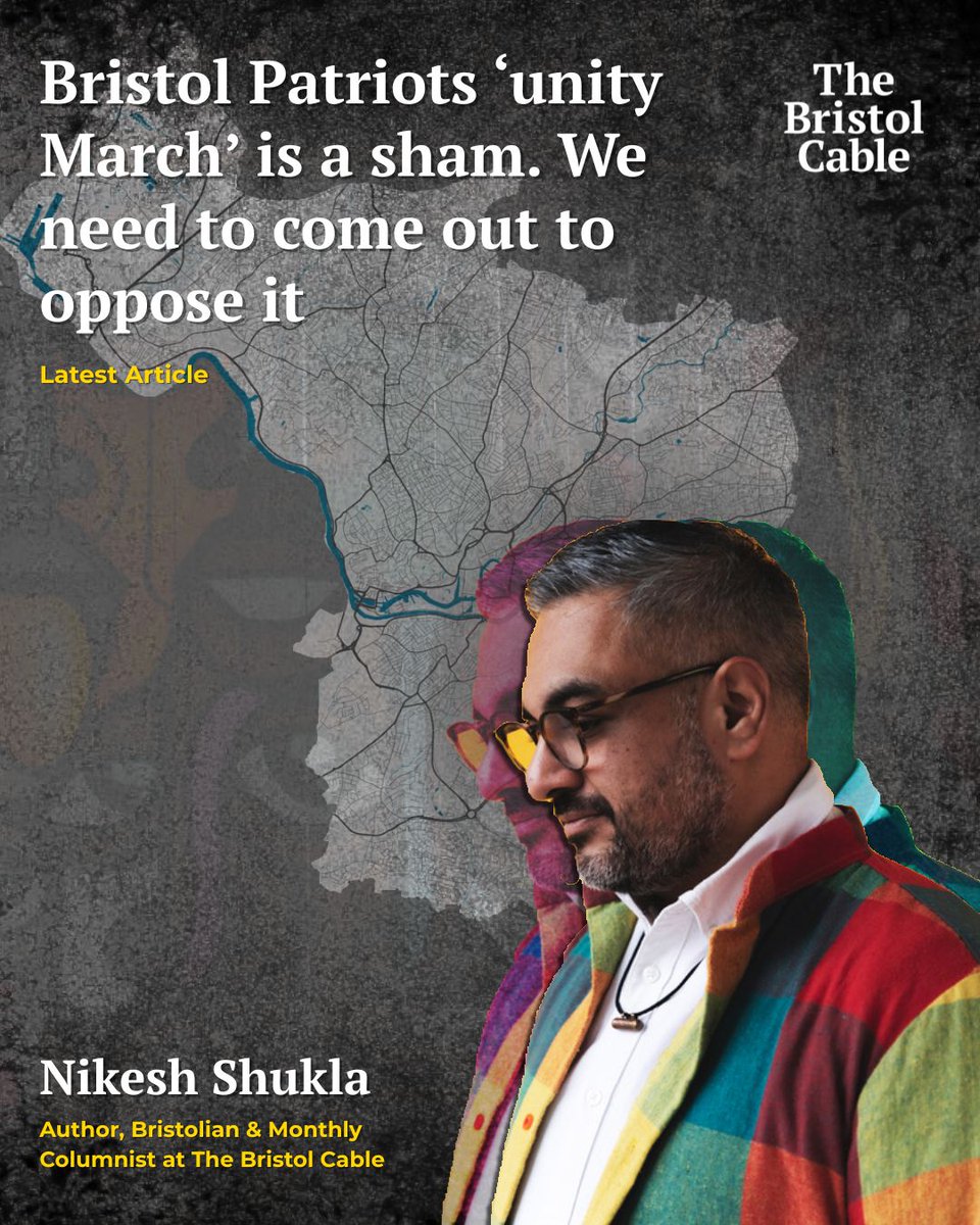 TheBristolCable's tweet image. The far-right group’s latest demo claims to be about ‘religious unity’ but excludes Muslims. Bristol won’t fall for that.

Click here (or link in bio) to read Nikesh Shukla's latest column for The Bristol Cable: bit.ly/4cRMk6c

#Bristol #AntiFascist #Column