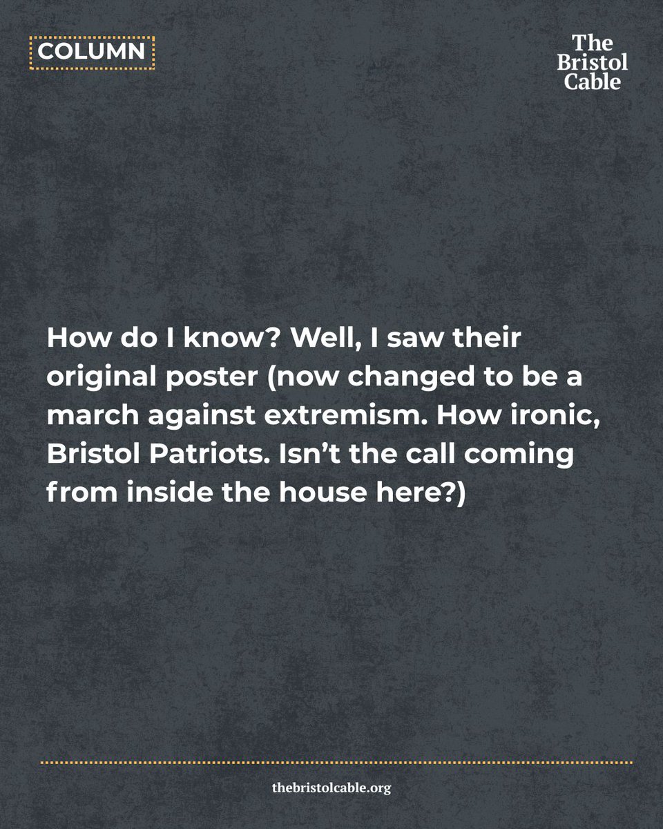 TheBristolCable's tweet image. The far-right group’s latest demo claims to be about ‘religious unity’ but excludes Muslims. Bristol won’t fall for that.

Click here (or link in bio) to read Nikesh Shukla's latest column for The Bristol Cable: bit.ly/4cRMk6c

#Bristol #AntiFascist #Column