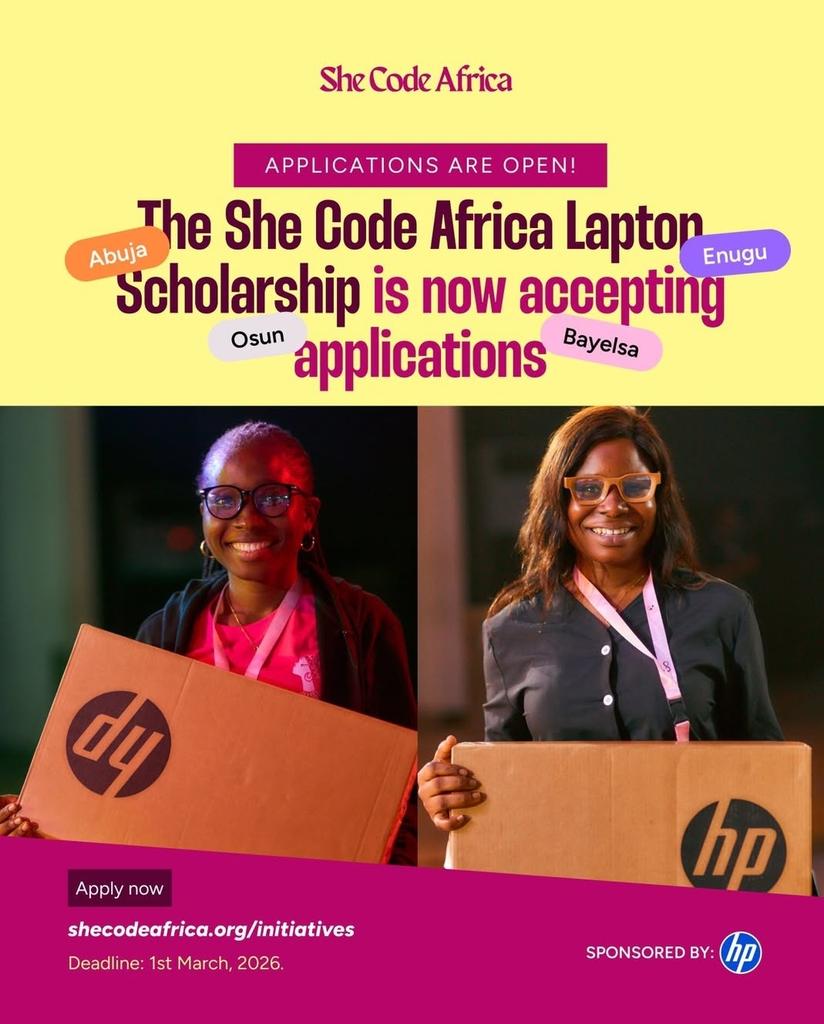 hausaloaded's tweet photo. Apply Now: She Code Africa Laptop Scholarship — Free Laptops for African Women in Tech 

Link:https://t.co/VfM87SL3wF

#alert #careers #Laptops #Africawomen #Tech #shecode #Scholarship #apply #repost https://t.co/X3M1wNnt2h
