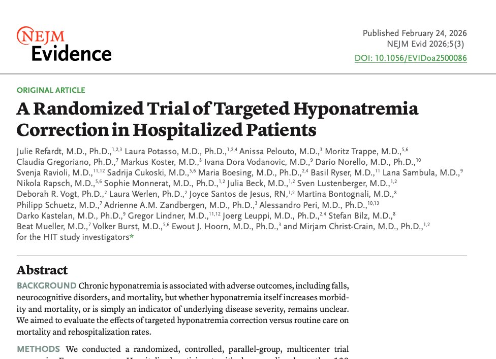 La hiponatremia es el trastorno de electrolitos más común.
Recientemente se publicó este estudio en el New England Evidence, que intenta contestar el clásico: ¿en pacientes hospitalizados mejora el pronóstico corregir el sodio bajo (hiponatremia crónica) activamente o no (manejo