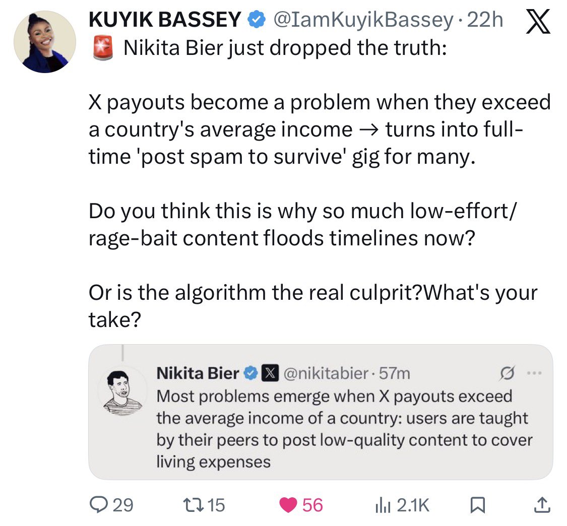 In case you want to know why Nigerians keep receiving the lowest payout from X. This is the reason. Niger ians are jobless that millions have joined X creator revenue and this number definitely exceeds Nigerian average income. Nigerians have turned X into a full time job