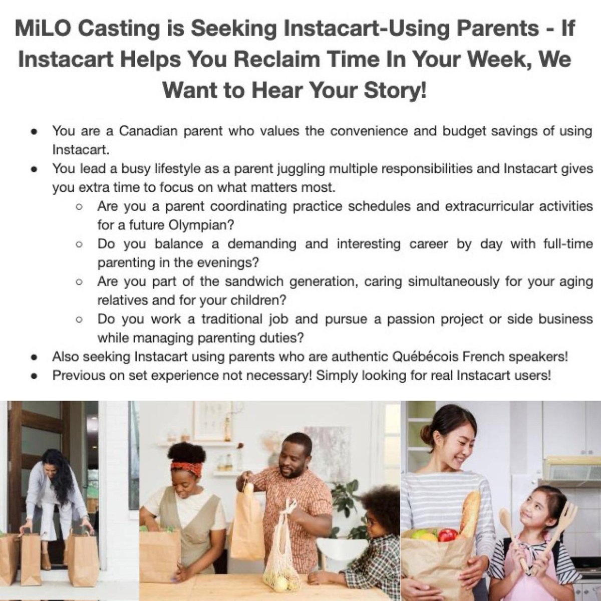 milocasting's tweet photo. Canada wide Casting Call for Parents who use Instacart! 
Pays $3500 if selected!  See #LinkInBio for submission details or click here: https://t.co/ucMJ8isjFO https://t.co/y8qsnH2eQn