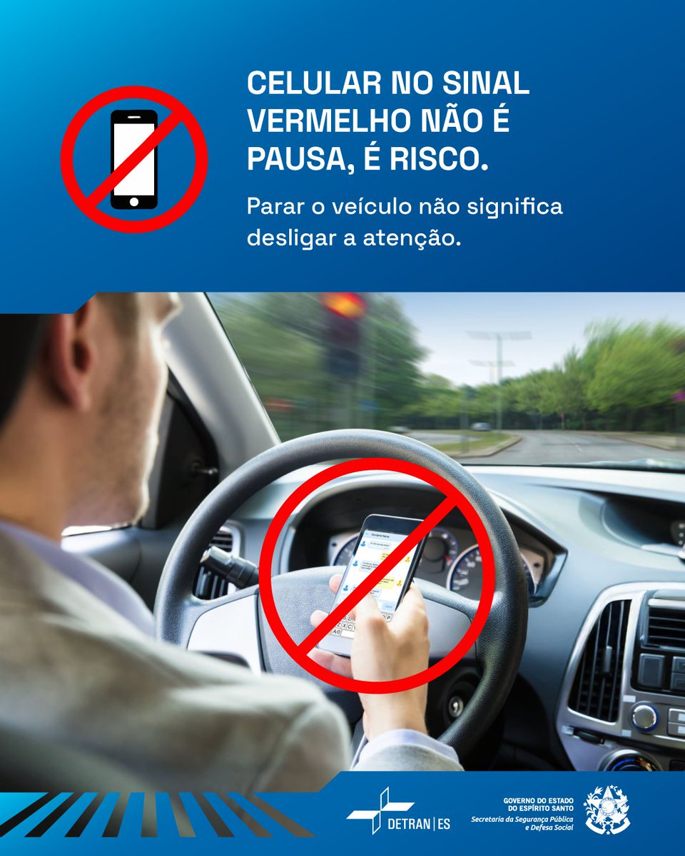 Celular no sinal vermelho não é pausa. É distração. Atenção contínua reduz sinistros.
#SemCelularAoVolante #TransitoSeguro