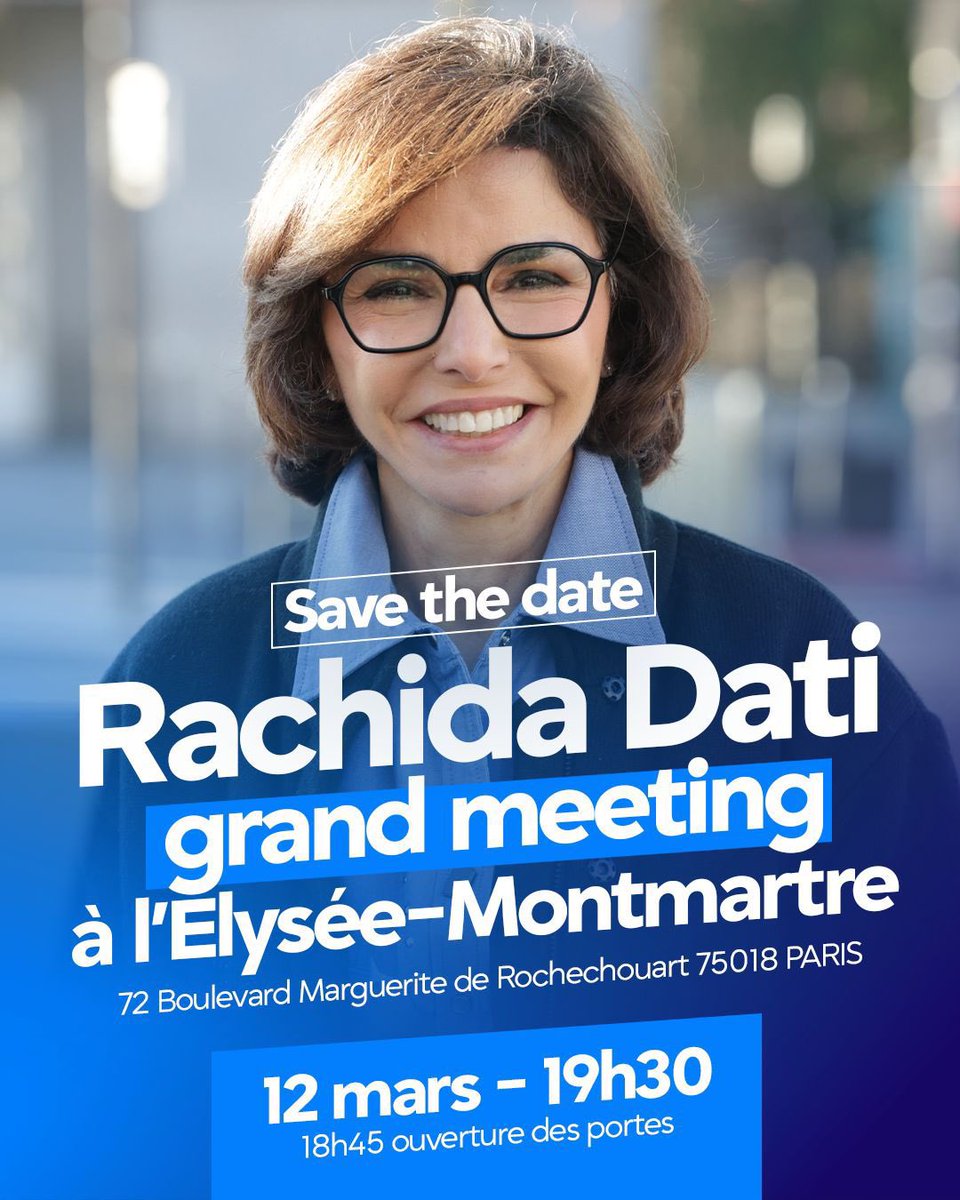 Plus que deux semaines pour Changer Paris ! Une ville sûre. Une ville propre. Une ville qui maîtrise enfin son destin. 

Venez porter cette ambition avec <a href="/datirachida/">Rachida Dati ن</a> lors de son grand meeting.

Inscrivez vous dès maintenant ⬇️ 
form.qomon.org/8ba74273-grand…