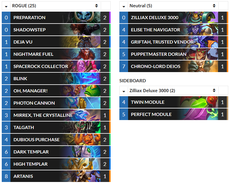 HSTopDecks's tweet photo. (Standard) Unknown's #43 Legend Protoss Rogue. (Deck list from the Firestone internal data) https://t.co/0NDX0lV99C #Hearthstone #HS_ROG https://t.co/o56OYjAJcy