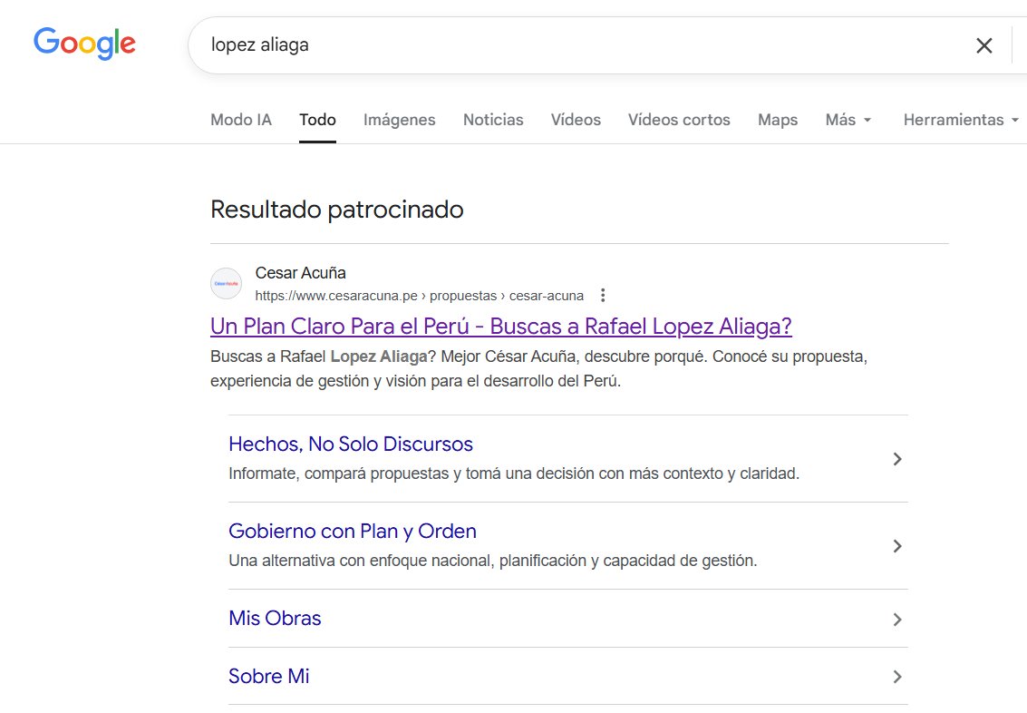 yacasiperu's tweet photo. ATENCIÓN:
El mercenario Cesar Acuña está pagando anuncios de Keyword Targeting usando la estrategia Brand Bidding es decir, cuando googleas el nombre de cualquier otro candidato aparece primero en la búsqueda su web pedorra. Juega sucio en todo sentido. ¡LACRA NUNCA LLEGARAS! https://t.co/sH3qyWY0lG