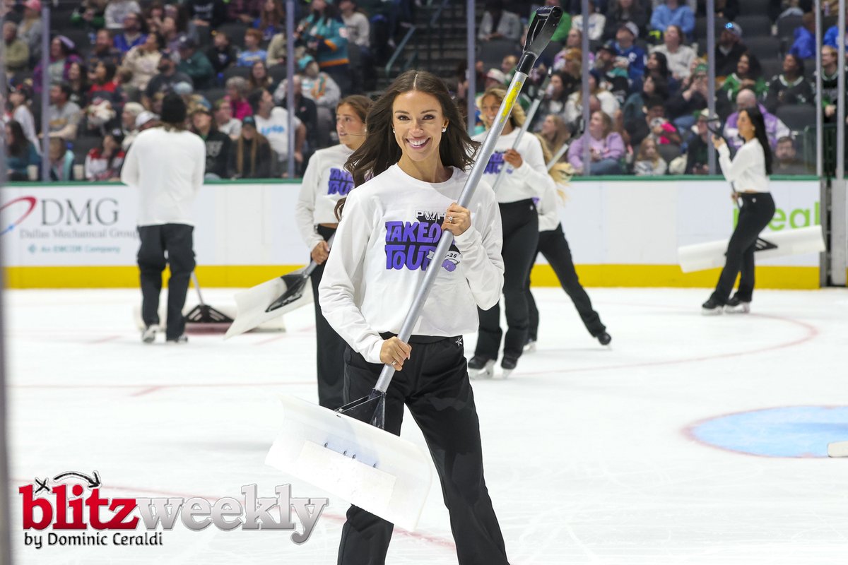 HayleyBC's tweet photo. @citizen4truth11 @dallas Dallas Stars Ice Girls literally wearing PWHL shirts to clean the ice when they played at the AAC. https://t.co/YHqTwmHtoZ