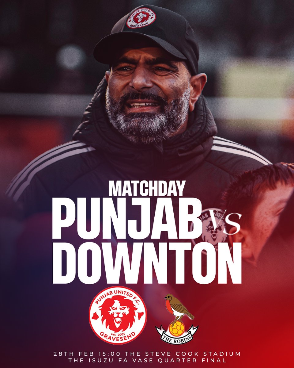PUFC_Gravesend's tweet photo. 𝐌𝐀𝐓𝐂𝐇𝐃𝐀𝐘 🔴⚪️

Our FA Vase run continues as we welcome Downton FC to The Steve Cook Stadium ⚽️

📅 Saturday 28th February 2026
🆚 @DowntonFC 
🕒 3:00PM KO
🏟️ The Steve Cook Stadium
🎟️ Adults £8 | Concessions £5 | U16s Free 

#PridePassionPunjab🔴⚪️ https://t.co/4KZh9Qm9fn