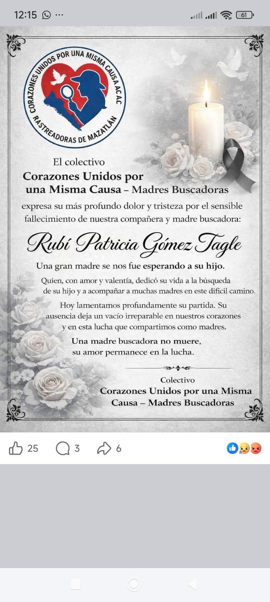 El colectivo Sabuesos Guerreras emite un comunicado donde expresa su indignación por el homicidio de Rubí Patricia Gómez Tagle, madre buscadora de Mazatlán. Sucede durante la visita de la presidenta Claudia Sheinbaum y todo su aparato de seguridad.