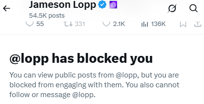 BTChieftain's tweet photo. Blocked by this 500k-follower spammer/scammer I’ve never tagged or interacted with.

Didn’t know my 700-follower pleb account posed that level of threat.

Feeling important 😎
PS: #rugTheSpammers #runKnots https://t.co/da4RHOylH9