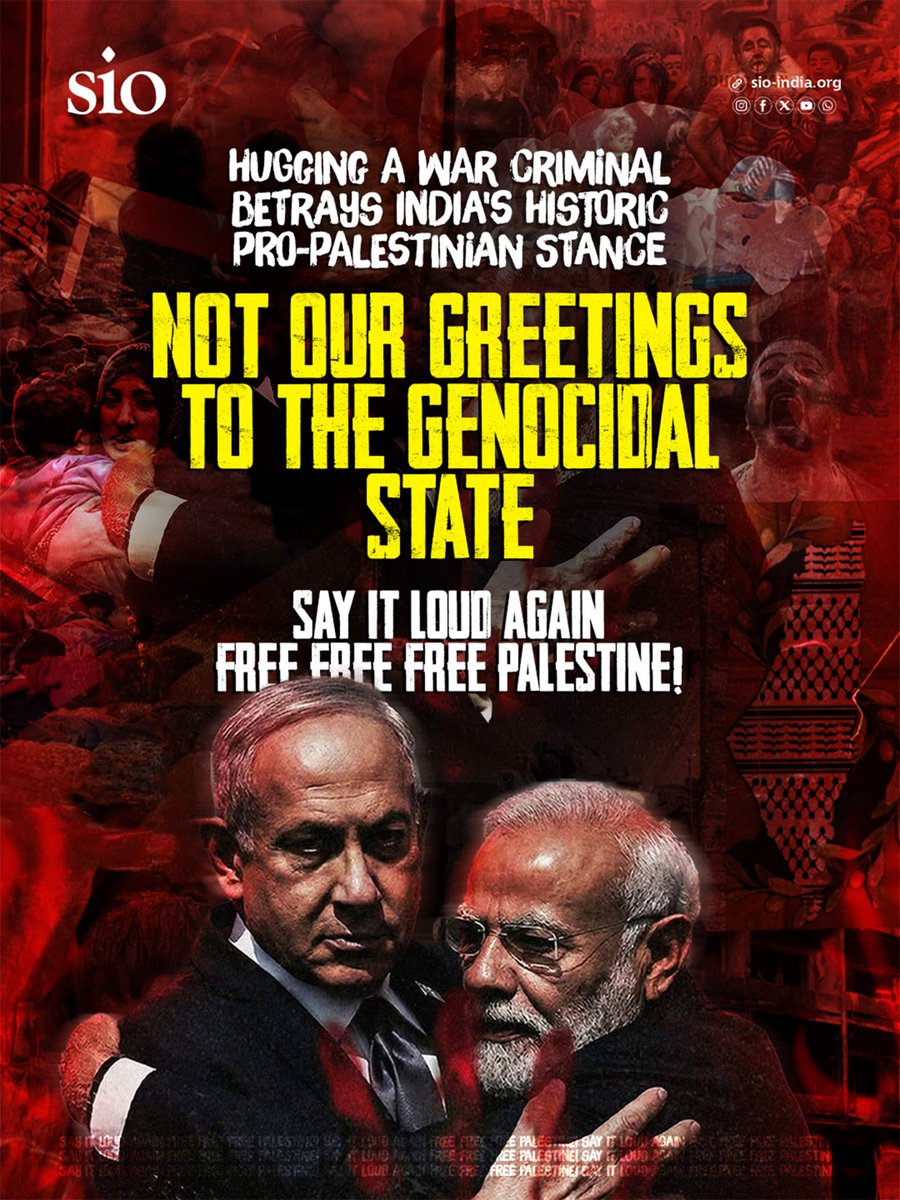 Hugging a war criminal betrays India's historic pro-Palestinian stance.

Not our greetings to the genocidal state.

Say it loud again: Free, Free, Free Palestine!