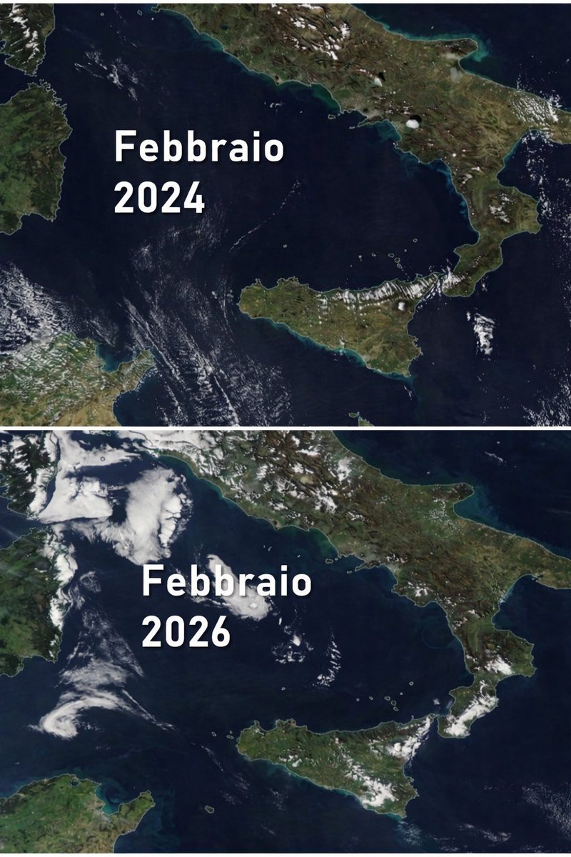 MMmarco0's tweet photo. 🌧️ Due febbrai, due scenari completamente diversi nel Mediterraneo.

Dopo anni segnati dalla siccità, le piogge degli ultimi mesi hanno cambiato rapidamente il paesaggio tra Sud Italia e Nord Africa.

Il confronto tra febbraio 2024 e febbraio 2026 è impressionante: non solo il Sud Italia, ma anche la Tunisia appare oggi molto più verde e ricca di vegetazione.

Un esempio di quanto rapidamente possano cambiare gli equilibri idrici nel Mediterraneo quando le perturbazioni diventano persistenti.