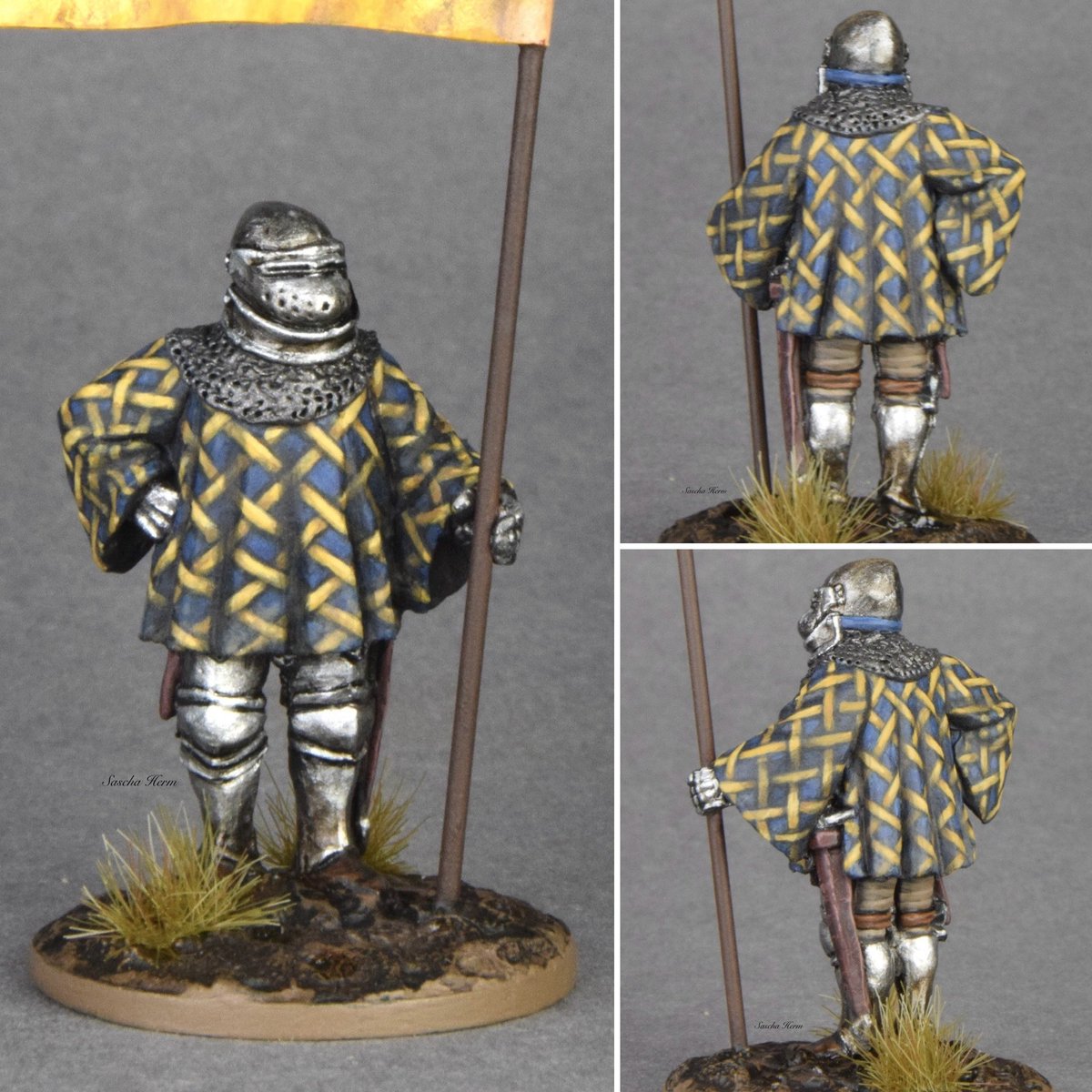 28mm Battle of Agincourt Knight with freehand painted lattice design and additional weathering ⚔️