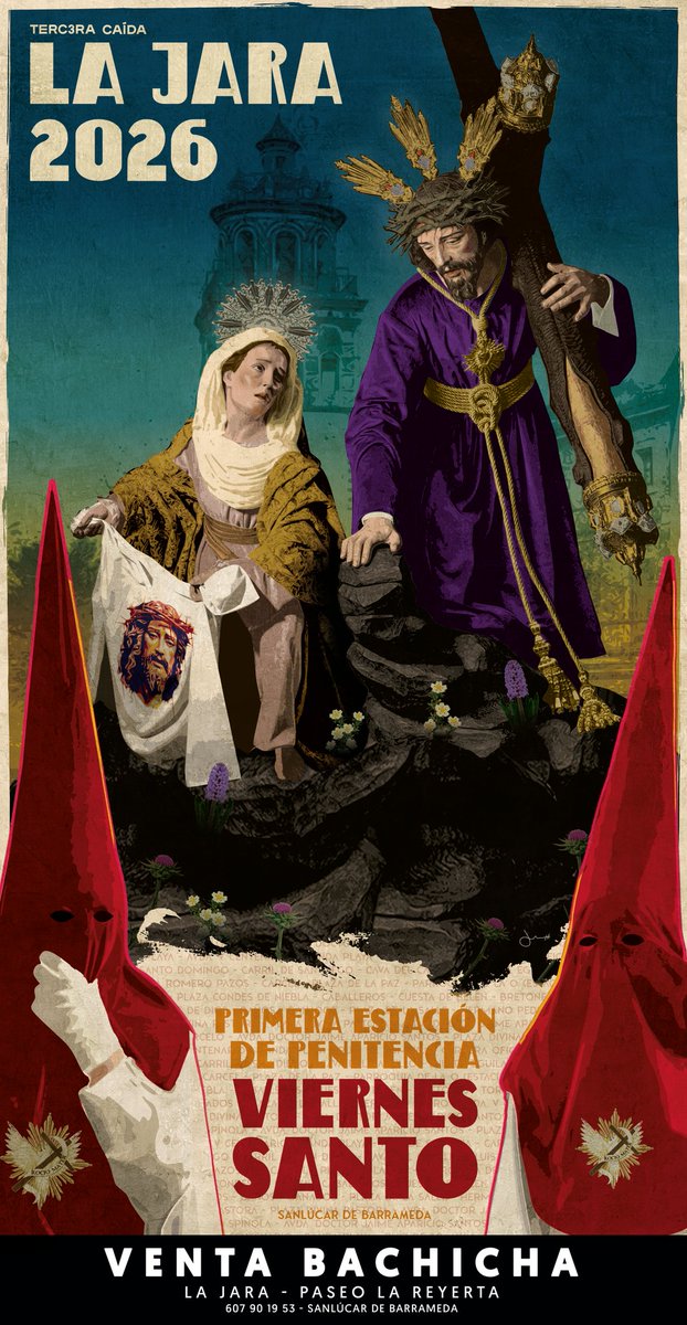 LA JARA 2026

Cartel que anuncia la primera Estación de Penitencia como Cofradía de Nazarenos a la Parroquia Mayor de Nuestra Señora de la O del próximo Viernes Santo, 3 de abril de 2026, obra del artista jerezano D. Jaime J. Sánchez.