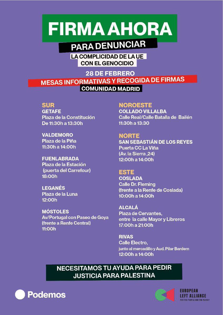 Mañana podéis firmar en estas mesas informativas para romper el acuerdo de asociación entre la UE e Israel.

Estamos impulsando la iniciativa ciudadana en toda Europa. Reunamos las firmas suficientes para presionar a esta Comisión Europea cómplice.

No abandonemos a Palestina 🇵🇸
