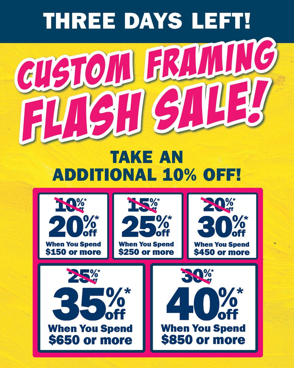 PlazaArt's tweet image. ⌛FLASH SALE ENDS IN THREE DAYS! Save up to 40% on Custom Picture Framing!

📍Stop by your nearest Plaza Art store today

*Must mention this social post at time of purchase to receive offer. Other exceptions may apply. See store for details.

#PlazaArt #CustomFraming #FrameSale