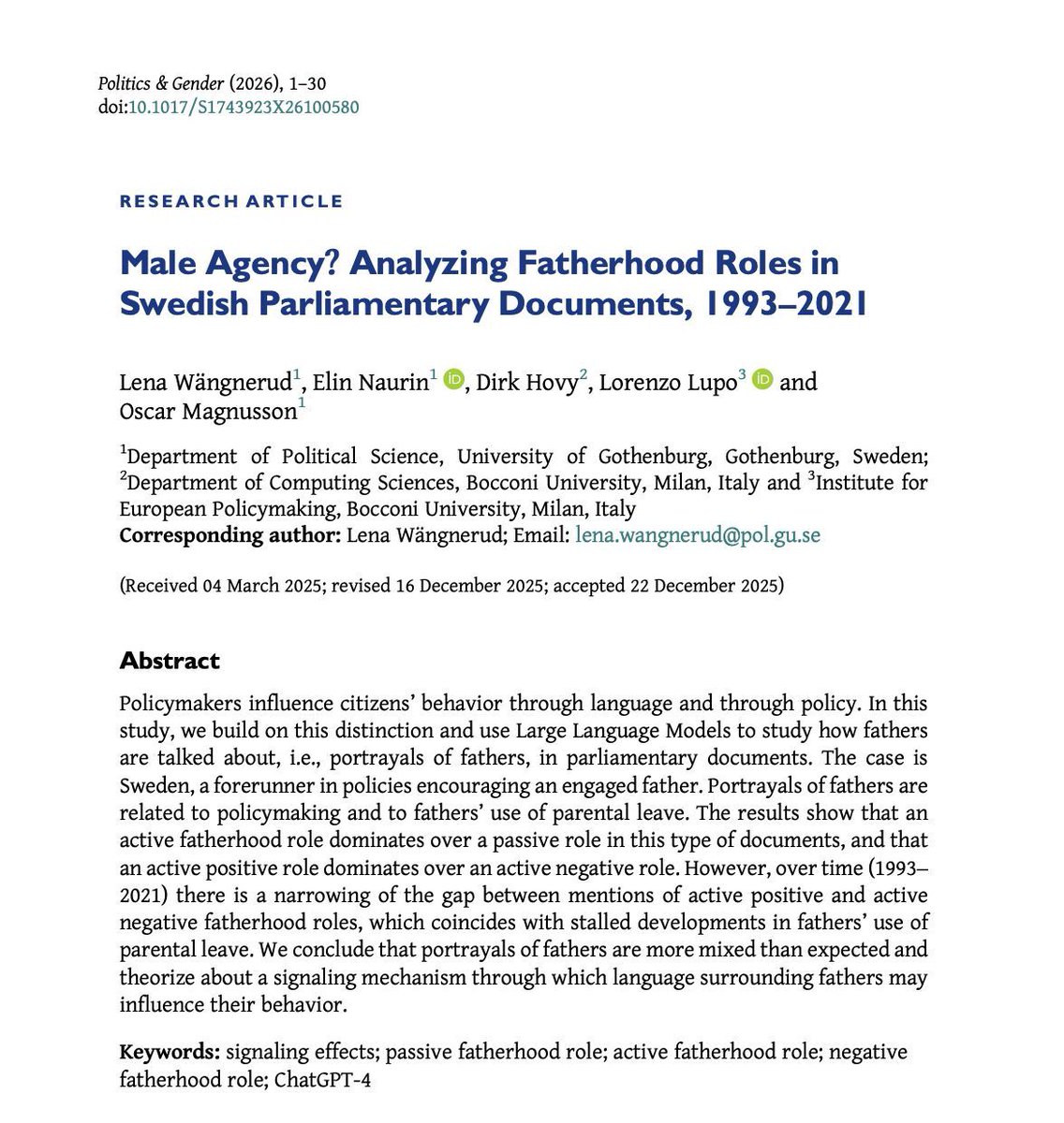 PoliticsGenderJ's tweet image. 📣Out on #FirstView📣 

In "Male Agency?", Lena Wängnerud, Elin Naurin, &amp;amp; co-authors use LLMs to provide an overview of portrayals of fatherhood in Swedish 🇸🇪 parliamentary documents from 1993 to 2021.

🌟 Available #OpenAccess 🌟

buff.ly/E8jnJmf