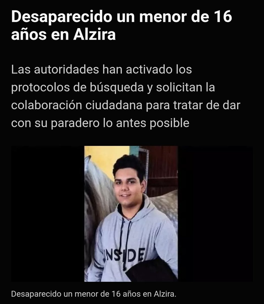 Ayuda por favor, gracias.
El joven mide aproximadamente 1,65 metros de altura, moreno y tiene los ojos marrones. La última vez que fue visto vestía un chándal negro.