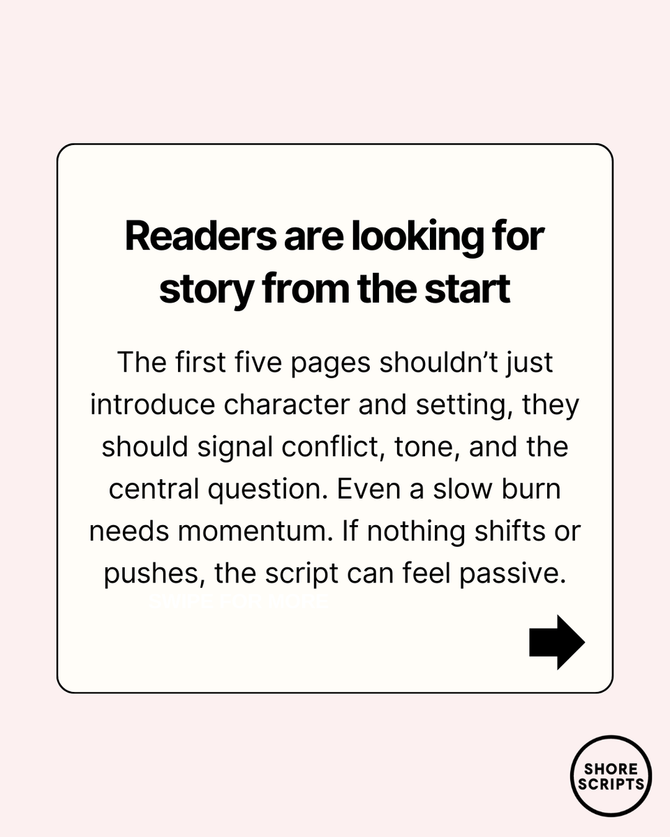 ShoreScripts's tweet photo. If you’re unsure whether your opening is landing, our 5-Page #ScriptCoverage delivers detailed, actionable feedback on premise, hook, stakes, characters, dialogue, structure, plus an industry scorecard and next steps for improvement! #screenwriting

https://t.co/WTu67y3ll4 https://t.co/YmRgrrhhDa