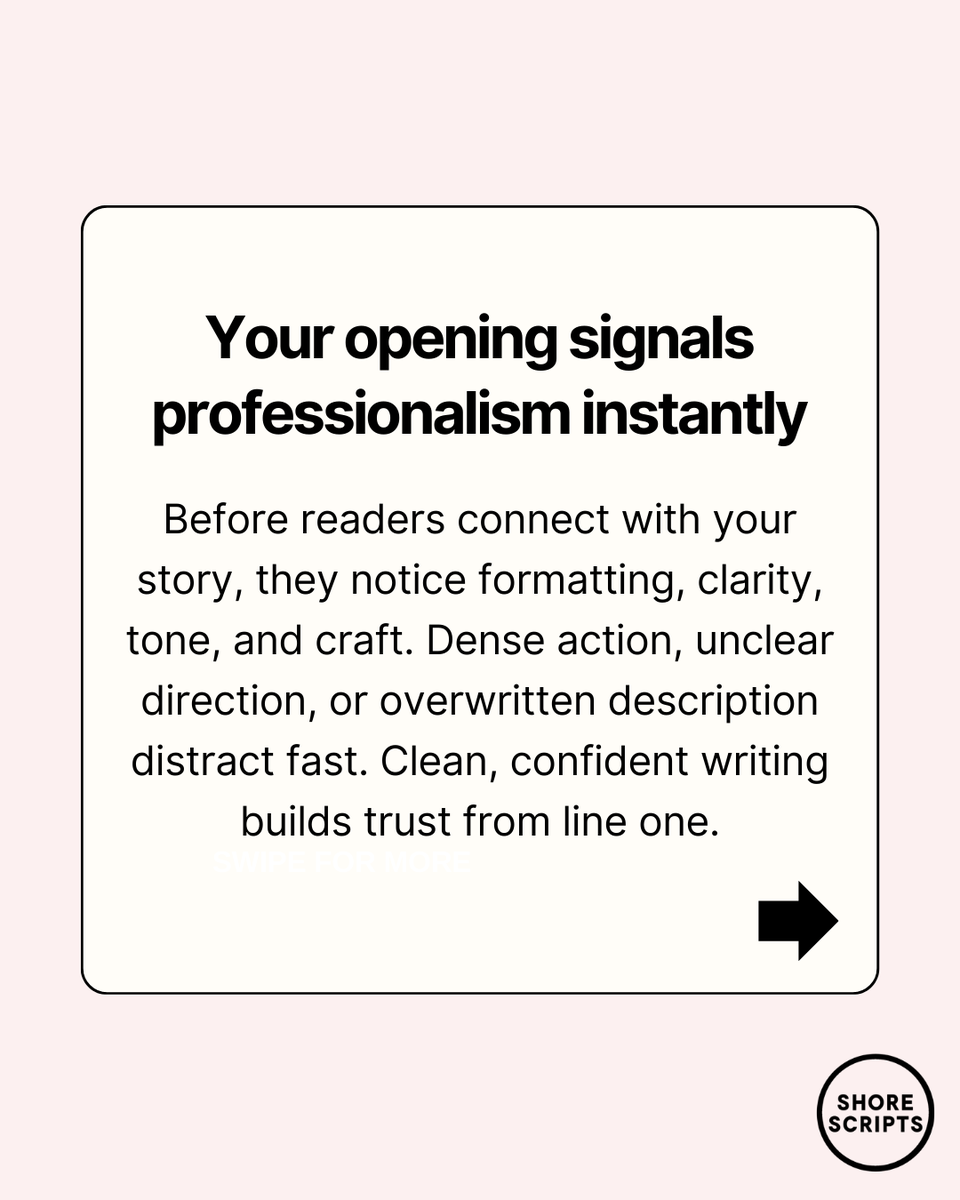 ShoreScripts's tweet photo. If you’re unsure whether your opening is landing, our 5-Page #ScriptCoverage delivers detailed, actionable feedback on premise, hook, stakes, characters, dialogue, structure, plus an industry scorecard and next steps for improvement! #screenwriting

https://t.co/WTu67y3ll4 https://t.co/YmRgrrhhDa