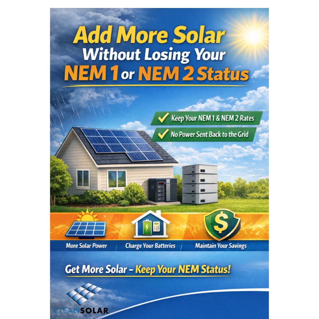 Clean_Solar's tweet photo. Keep your NEM 1 or NEM 2 benefits and add more solar! 🏡

With Clean Solar’s Non-Exporting System, homeowners can boost solar production without losing NEM rates. Extra panels power your home &amp; charge your battery.

#NEM2 #NEM1 #SolarCalifornia #BatteryStorage #CleanSolar https://t.co/er3OcHhH64