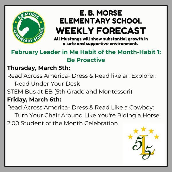 The Weekly Forecast for the Week of March 2-6, 2026. A plain text version of the schedule can be found at tinyurl.com/mrs2vs5e. #5StarCulture #WatchUsGrow