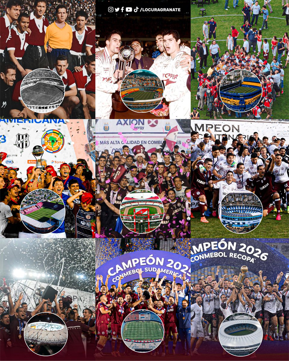 LocuraGranate_'s tweet photo. Los estadios donde #LANÚS se consagró campeón.

🇦🇷 1955 - El Cilindro 
🇨🇴 1996 - El Campin de Bogota
🇦🇷 2007 - La Bombonera
🇦🇷 2013 - La Fortaleza 
🇦🇷 2016 - El Monumental 
🇦🇷 2016 - El Cilindro
🇦🇷 2017 - Único La Plata
🇵🇾 2025 - Defensores del Chaco
🇧🇷 2026 - Maracaná https://t.co/Qvf9pLHAoB