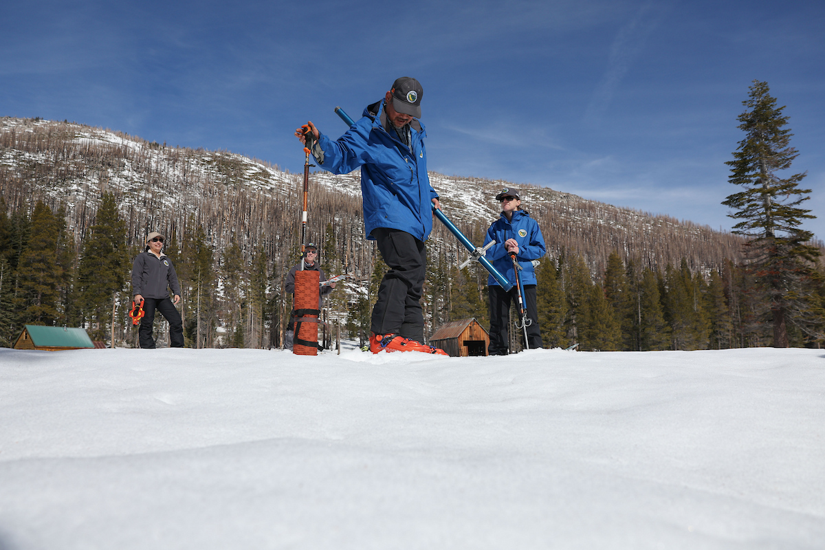DWR today conducted the third Phillips Station snow survey of the season. The manual survey recorded 28 inches of snow depth and a snow water equivalent of 11 inches, which is 47 percent average for today's date. Statewide, the snowpack is 66 percent of average for this date.
