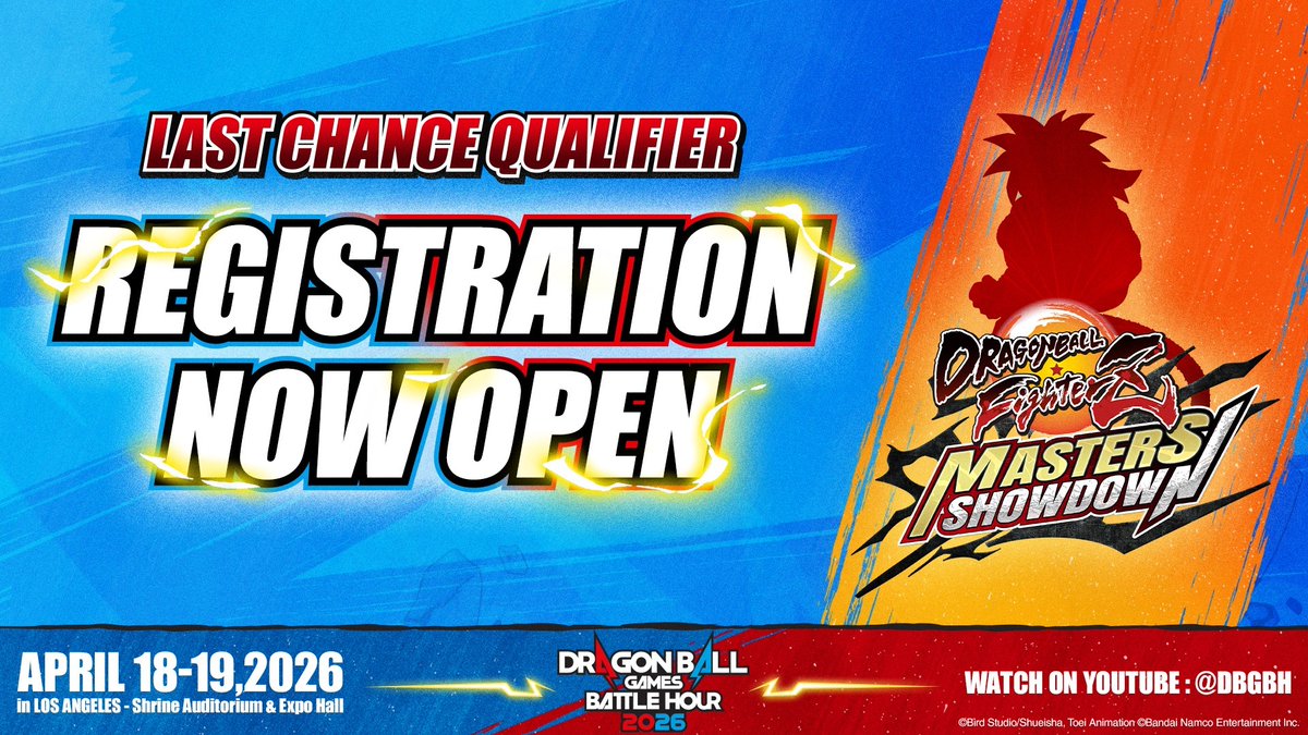 Registration for the DRAGON BALL FighterZ Masters Showdown – Last Chance Qualifier is NOW OPEN🔥

This is your opportunity to enter the competition and battle legendary players on the big stage👊

👉 Register now: start.gg/tournament/dra…

#DBGBH2026