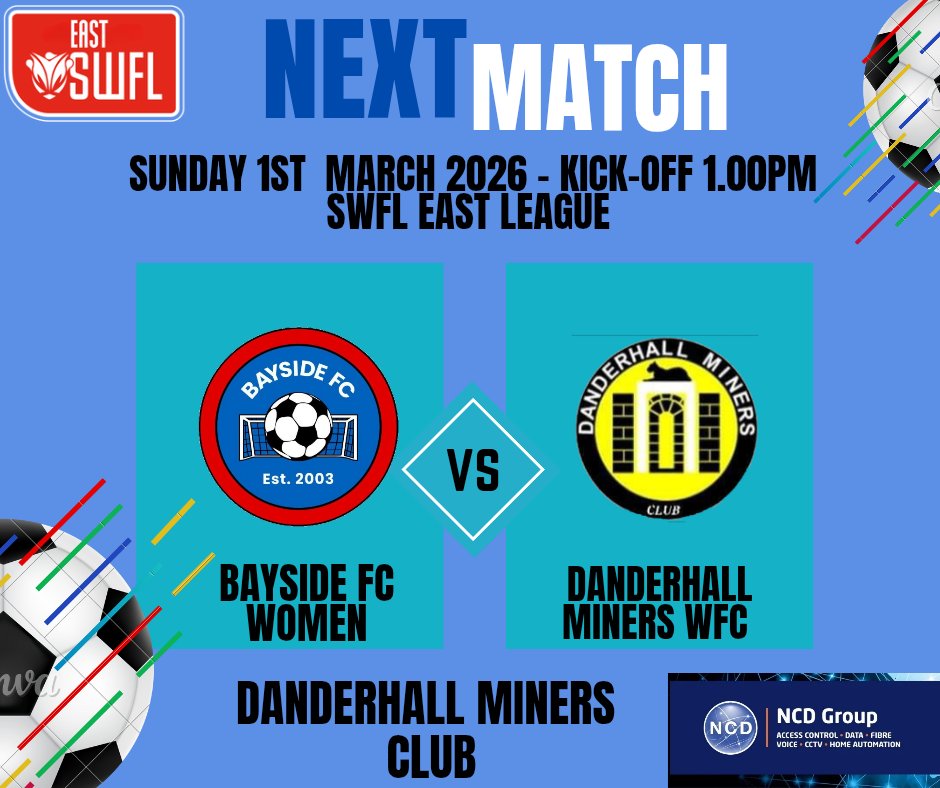 Bayside Women’s Team are back in SWFL East League action on Sunday 1st March as they travel to Danderhall Miners WFC 
Its a 1pm Kickoff at Danderhall Miners Club , please come  along and support the ladies ⚽️❤️💙
<a href="/fife_football/">Fife Football</a> <a href="/Jax_Mc_Media/">Jax Mc Media</a> <a href="/DanderhallWFC/">Danderhall Miners WFC</a>