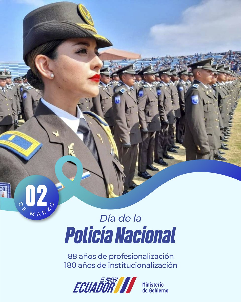 ¡180 años de historia y 88 de profesionalización! 📜👮‍♂️

Desde el <a href="/MinGobiernoEc/">Ministerio de Gobierno Ecuador</a>, saludamos a la <a href="/PoliciaEcuador/">Policía Ecuador</a> en su día. Reconocemos la labor de hombres y mujeres que, con valor, disciplina y lealtad, protegen la democracia y la paz ciudadana en todo el país. 🇪🇨